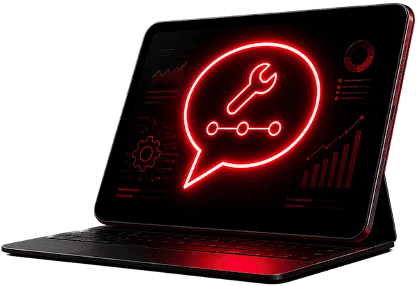 High-end tablet and keyboard with a spanner icon on the screen