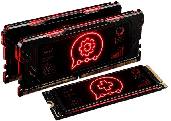 Two sticks of RAM with a cog icon and an SSD with a repair icon