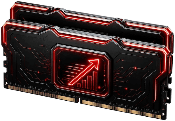 Two sticks of RAM with an angled (power) up arrow.