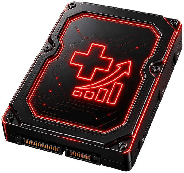 Hard drive with a medical cross annd upward graph icon.