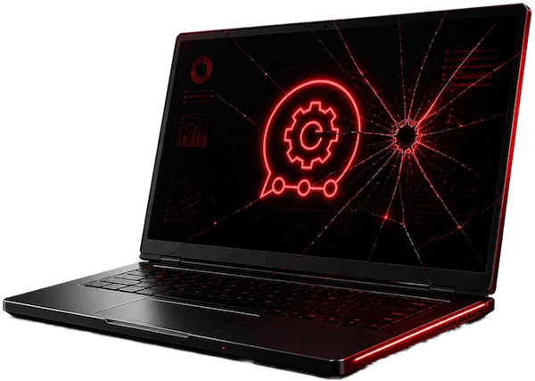 Laptop with cracked screen and a cog icon displayed.