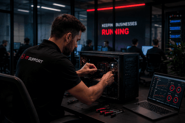 Technician wfixing a computer in a business.