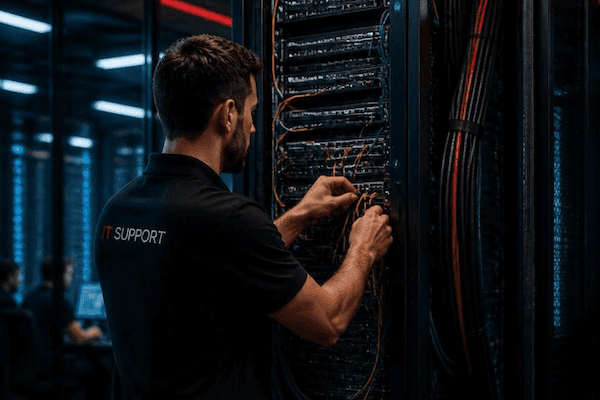 Technician wfixing a computer in a business.